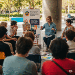 An educator is sharing a story about the importance of understanding mental health and well-being with a small group.